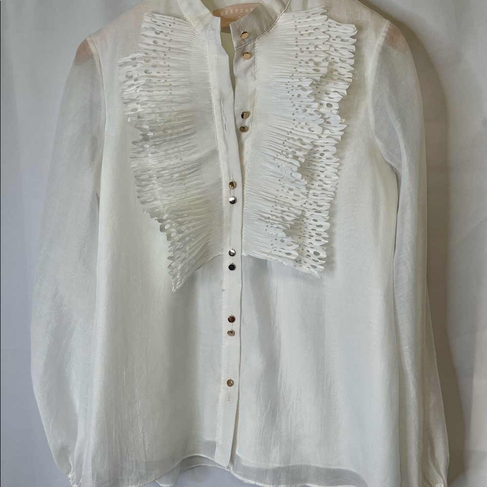 Women's White Ruffle Blouse - Picture 2 of 5